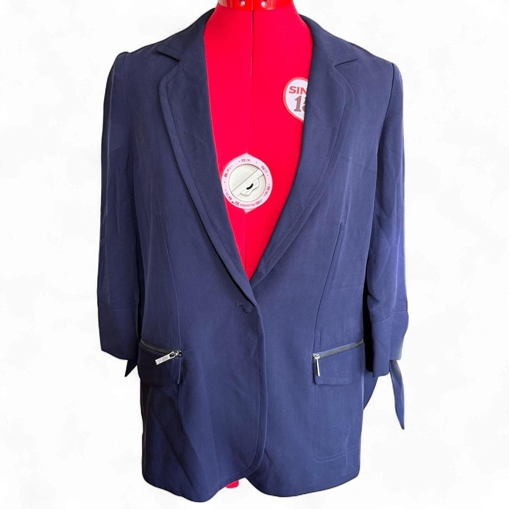 Z Spoke by Zac Posen Navy 100% Silk Blazer With Single Button, Tie 3/4 Sleeves